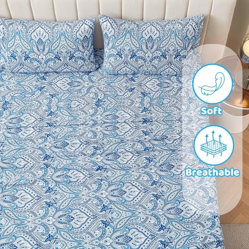 Image of Softan Blue Paisley Printed Bed Sheets King Size, Floral Sheet Set King, Brushed Polyester Microfiber Fitted Sheet with 15 inch Deep Pocket & Non-Slip Straps, Blue Flower Patterned Sheet & Pillowcase Sets