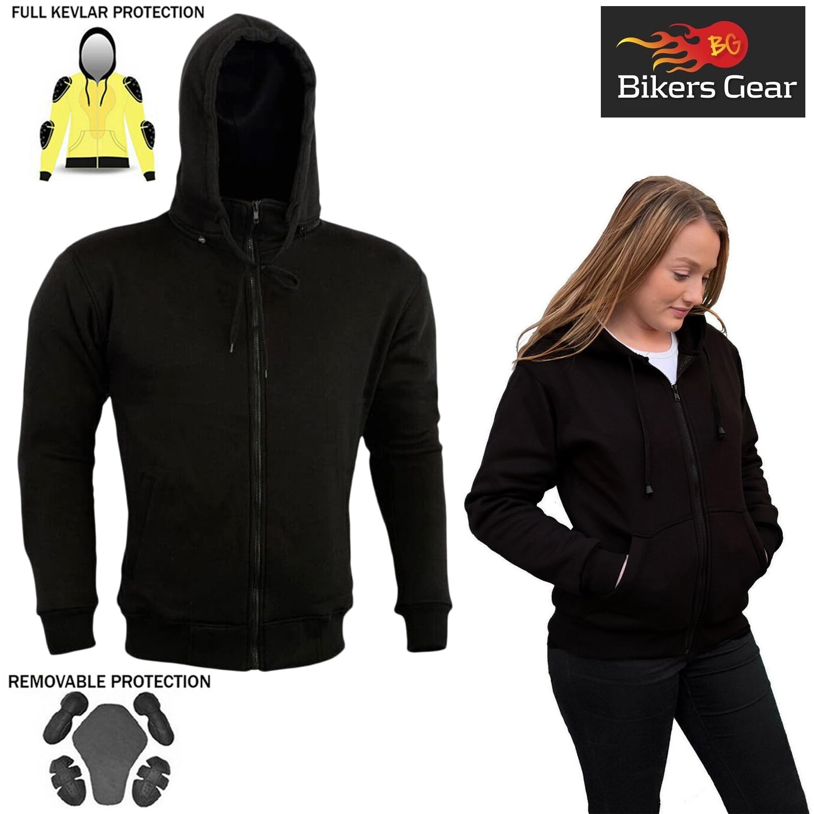 Bikers Gear Australia Ladies Black Crossfire Fully Kevlar Lined Hoodie Motorcycle Jacket with 1621-1 5Piece Removable Armour Parent