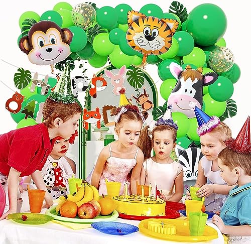 Image of Rozi Decoration Jungle Theme Birthday Decoration Kit Pack of 82 Pcs | Animal Theme Party Set with 6 Foil Balloons, Happy Birthday Banner, Garland Arch & Golden Confetti Balloons for Boys & Girls
