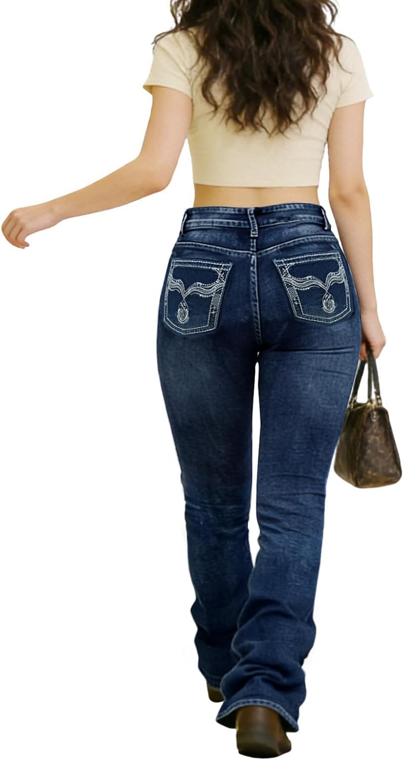 Cuyulitcik Bell Bottom Jeans for Women High Waisted Plus Size Stretchy Bootcut Jeans Embroidered High Rise Flare