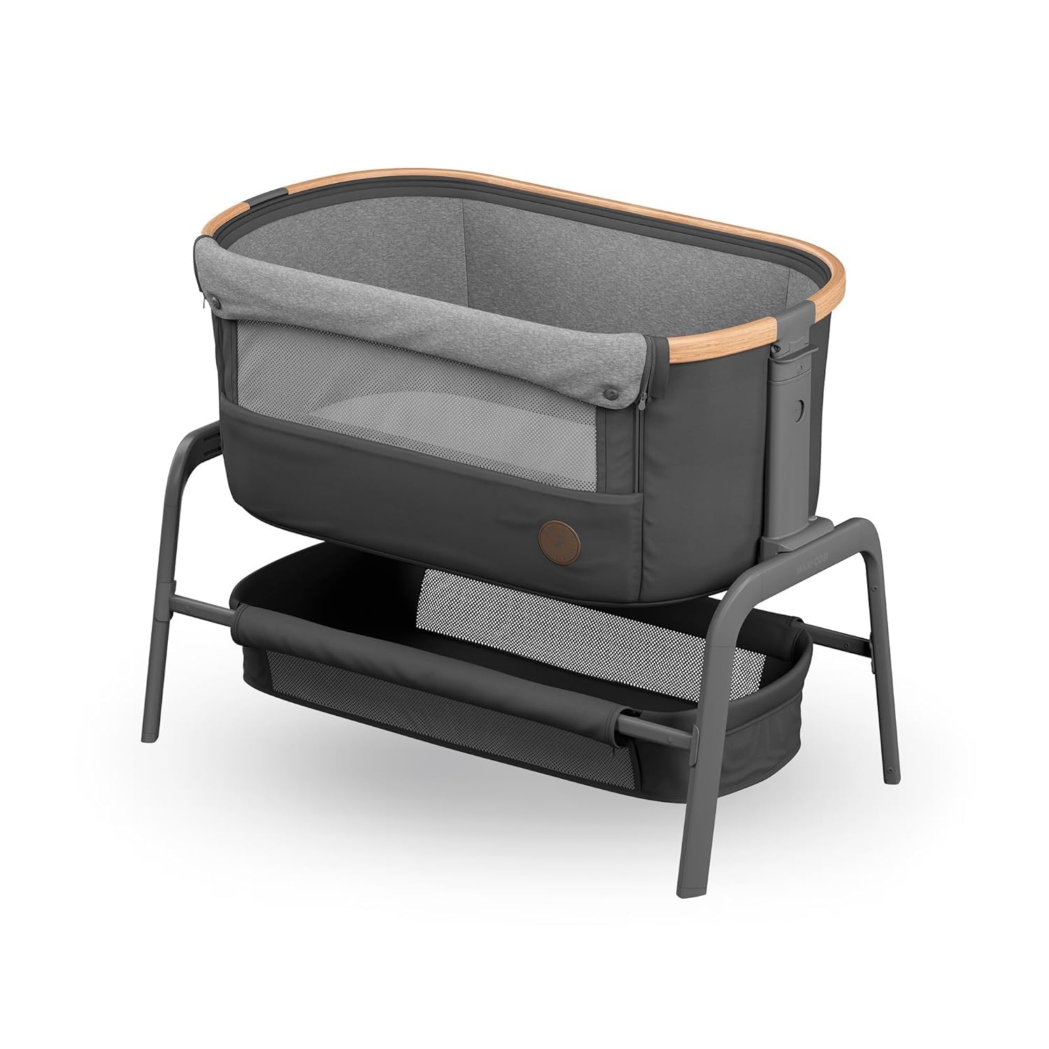 Maxi-Cosi Iora Beistellbett Baby, Faltbares Co-Sleeper, 0–6 Monate, max. 9 kg, 4 Neigungs- und 5 Höhenstufen, Leichtes Schieben, Bequeme Matratze, Großer Korb, Leicht zu Tragen, Essential Graphite
