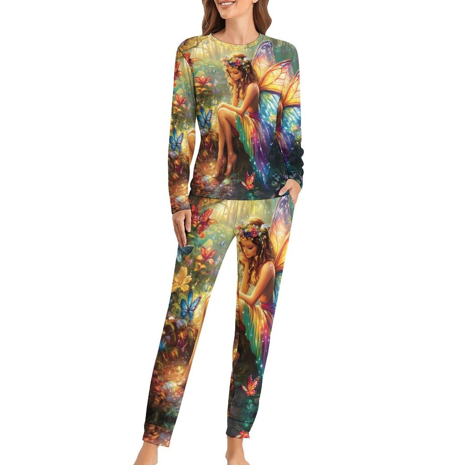 Asbwuo Unisex As Pic Fairy With Butterflies Women's Pajama Set Soft Long Sleeve Nightgown 2 Piece Pj Set With Pockets