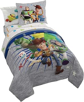 Disney Pixar Toy Story Twin Comforter Set 5 Piece Kids Bedding, Gray | Woody Buzz Jessie, Comforter Sheets Sham Pillowcase, Official Brand, Soft Microfiber, Machine Washable, Kids Gift