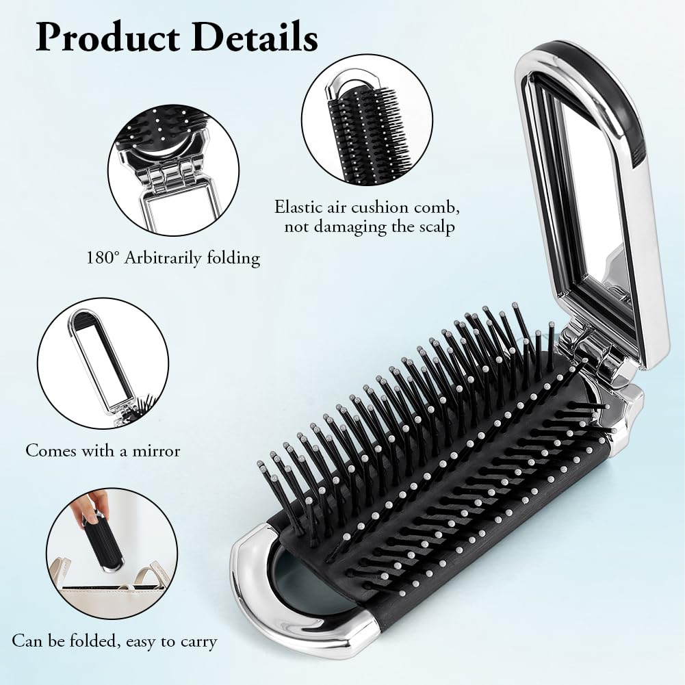OSDUE Cepillo de Pelo de Viaje Con Espejo,Compacto Cepillo de Pelo Plegable con FuncióN de Masaje,Mini Bolsillo Cepillo de Viaje para Gimnasio, Viajes, Herramientas de Peinado（Espejo Removible）