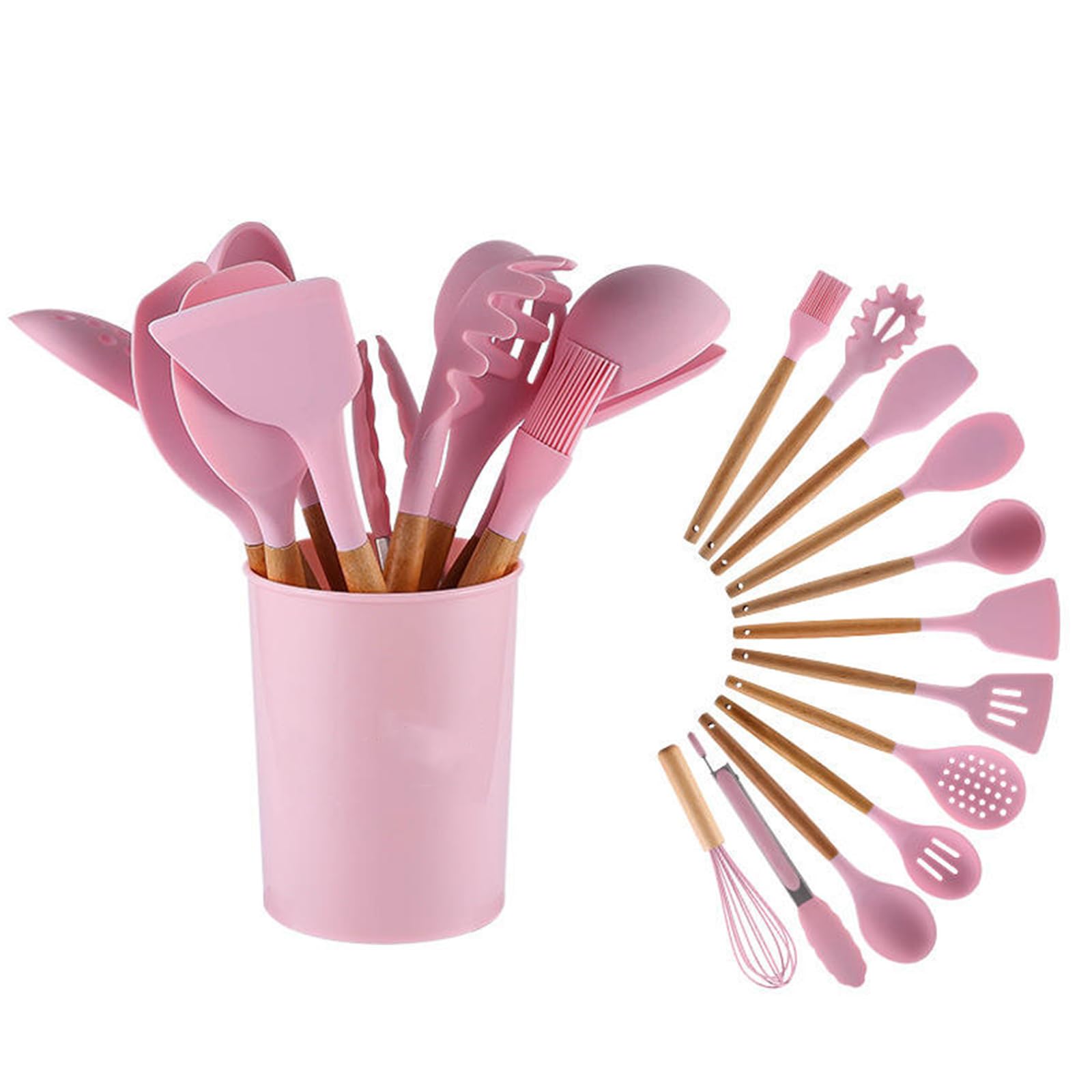 Lot de 11 ustensiles de cuisine en silicone avec poignées en bois, résistants à la chaleur, non toxiques, avec spatule, pince, spatule et cuillère pour ustensiles de cuisine antiadhésifs – Rose