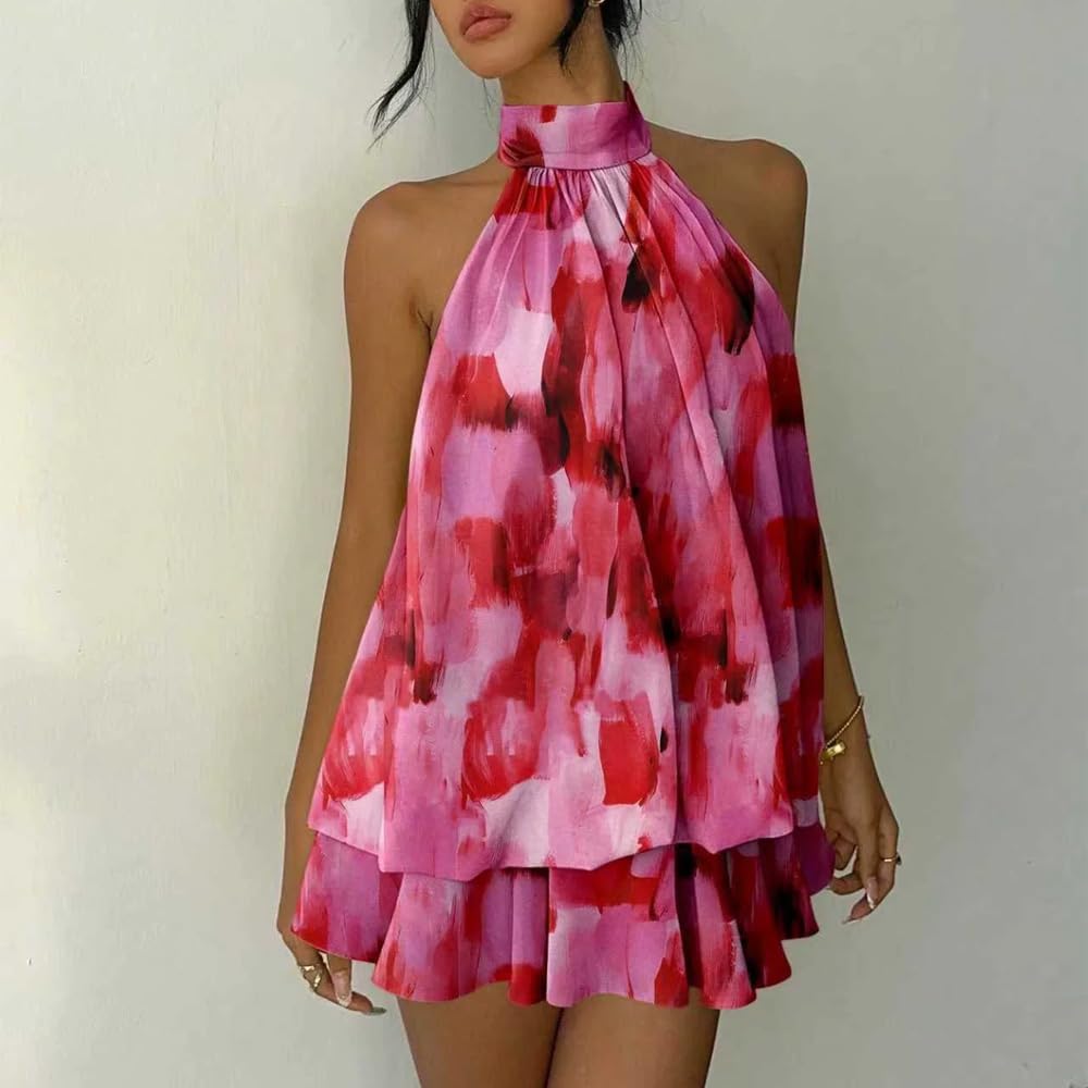 Abito da cocktail da donna, in chiffon, con scollo all'americana, senza maniche, estivo, senza maniche, con volant, mini abito da brunch
