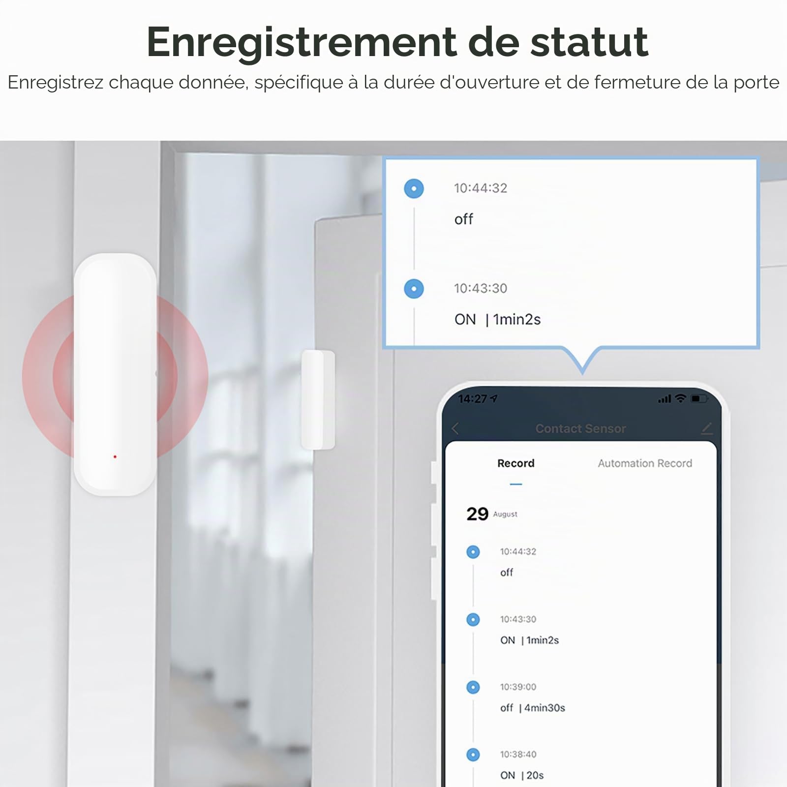 Capteur de porte intelligent 10xWiFi, capteur de fenêtre de porte - Capteur de fenêtre de porte sans fil Tuya, application d'alarme, notifications push, capteur de contact de fenêtre sans fil pour la