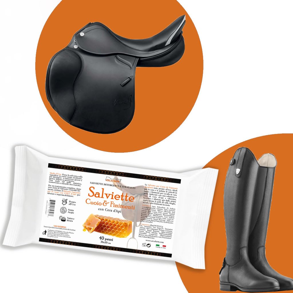 Salviette per Cuoio e Finimenti SAPOWIPE profumo Miele e Cera d'Api Arcafarm 40 Pezzi - Pulizia senza Acqua per pelle e cuoio, Selle, stivali e accessori Equitazione, azione idratante e nutriente