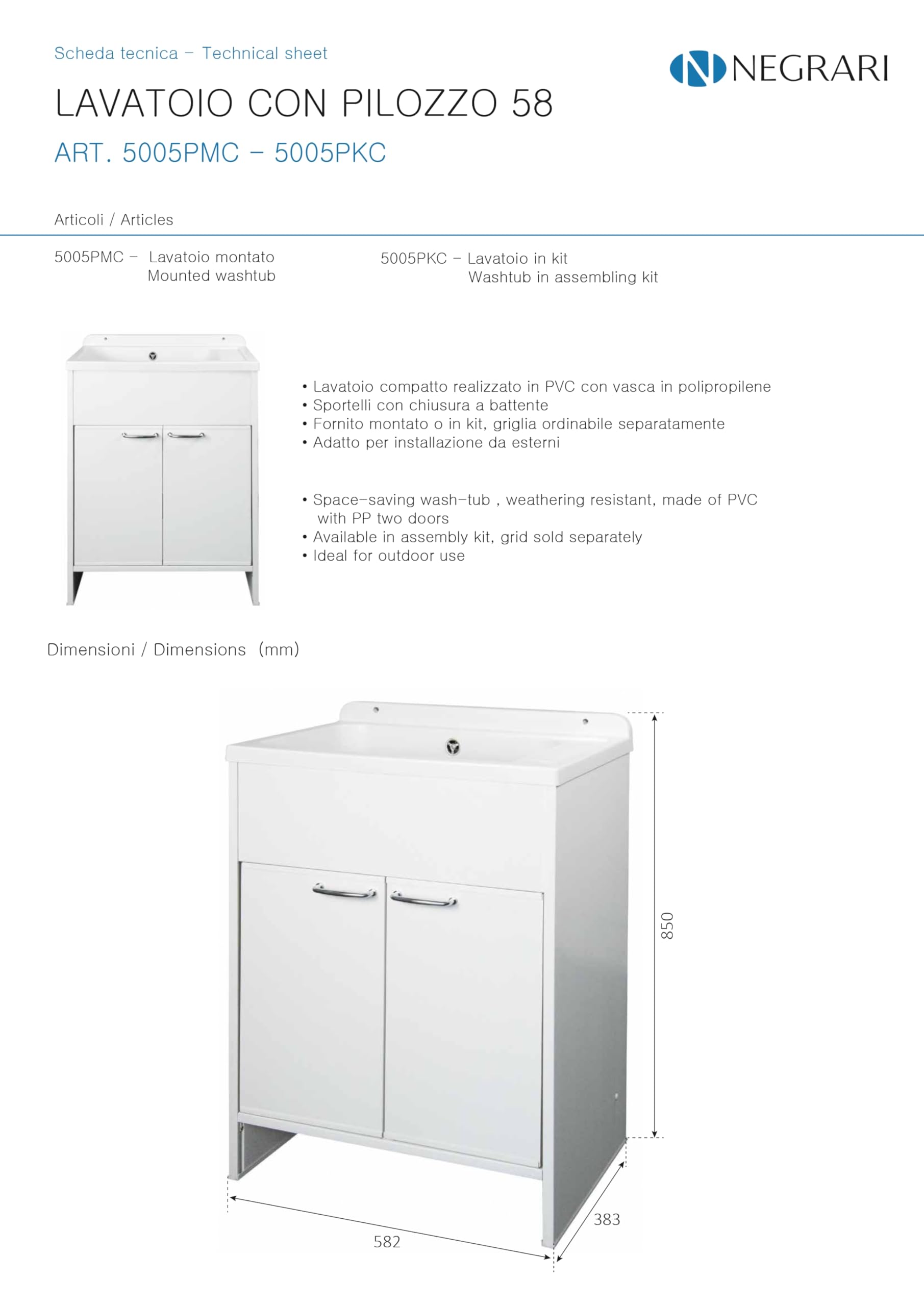 Negrari Lavatoio Salvaspazio in Resina PVC, Resistente all'umidità, Vasca resistente agli acidi di uso comune, Kit di scarico con pilettone in metallo, L58 x P38 x H85 cm, Bianco