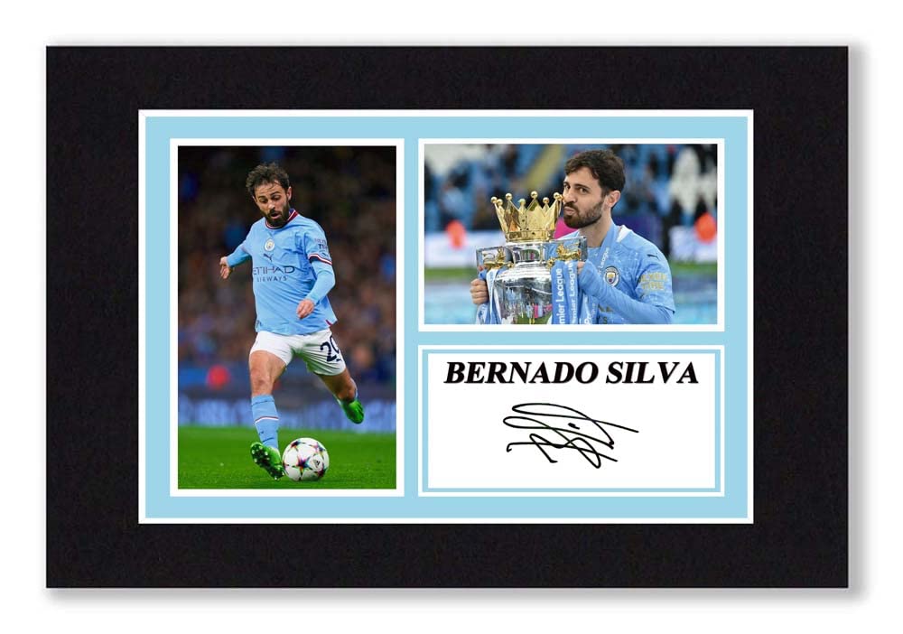A4 Mounted Signed Bernardo Silva Manchester City Photo Montage, With Pre Printed Autograph, Ready To Be Framed, Artwork
