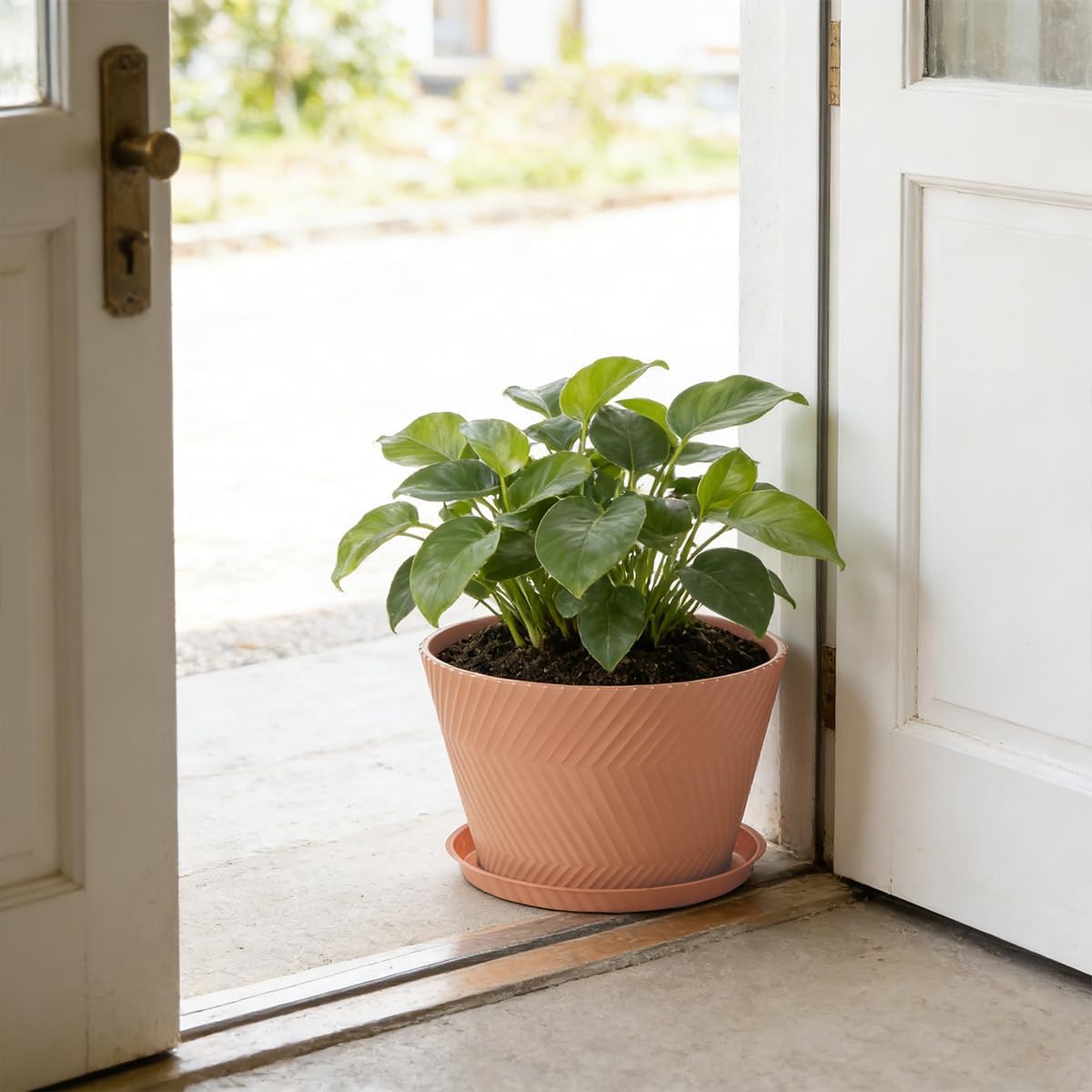 Set of 2-18 Inch Large Planter Set Includes a Pot with Round Drainage Holes and a Tray, Suitable for Tall Plants and Flowers. Extra-Large Outdoor Terracotta-Colored Plastic Planter