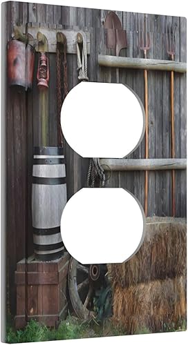 Rastrillo de pala rústica de granja, barriles de roble, cubierta de interruptor de luz dúplex de 1 banda, cubiertas decorativas de tomacorrientes,