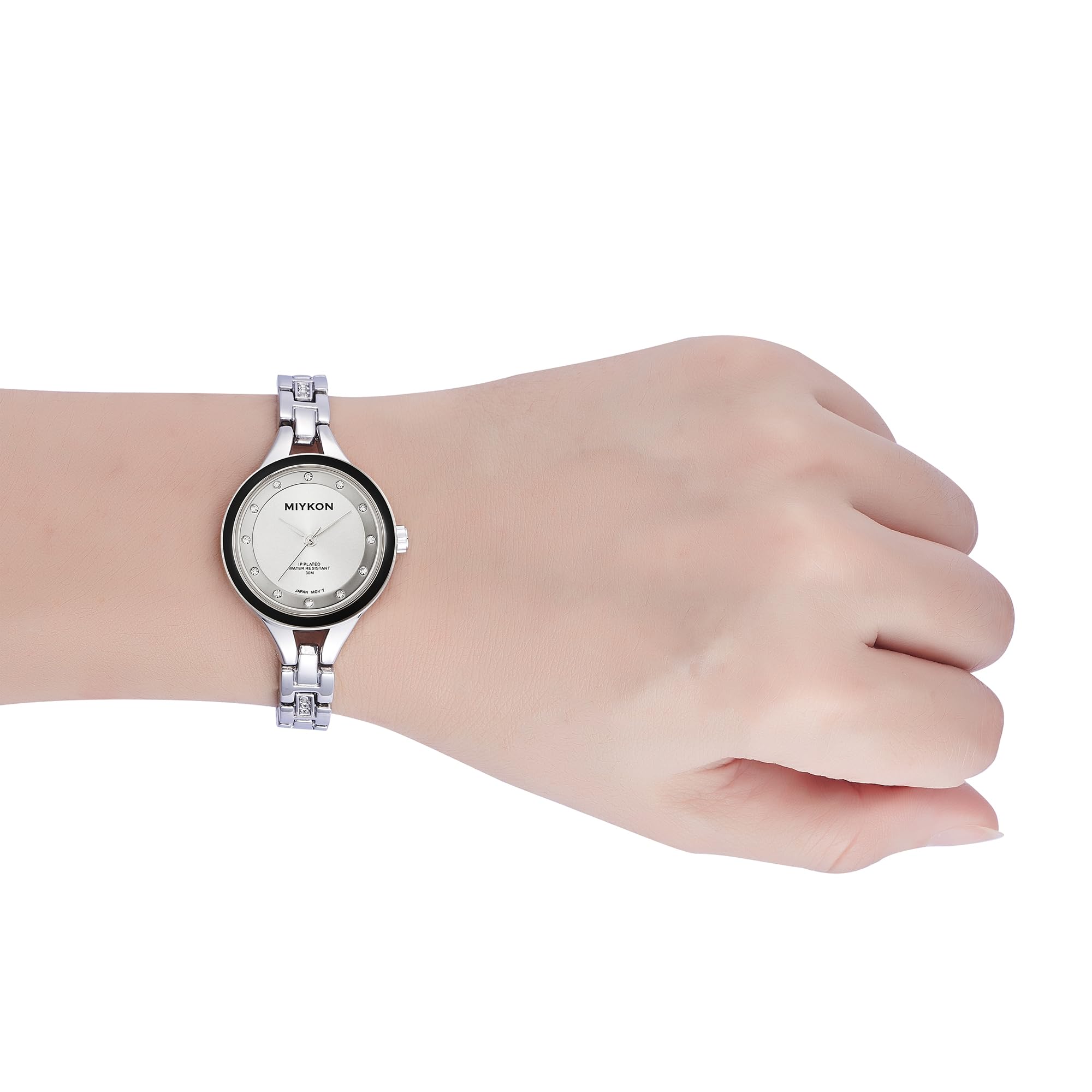 Miykon Silber- und Gold-Uhren für Damen, kleine zierliche Damenuhr mit echten Kristallen, ionenpoliertes Damen-Schmuckarmband, kratzfestes Glas, japanisches Quarz, 30,5 m wasserdicht, Silbernes