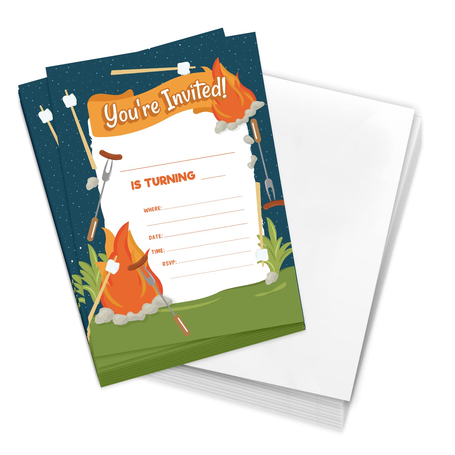 Desert Cactus Camp Fire 2 Happy Birthday Invitations Invite Cards (10 Count) With Envelopes Boys Girls Kids Party (10ct)