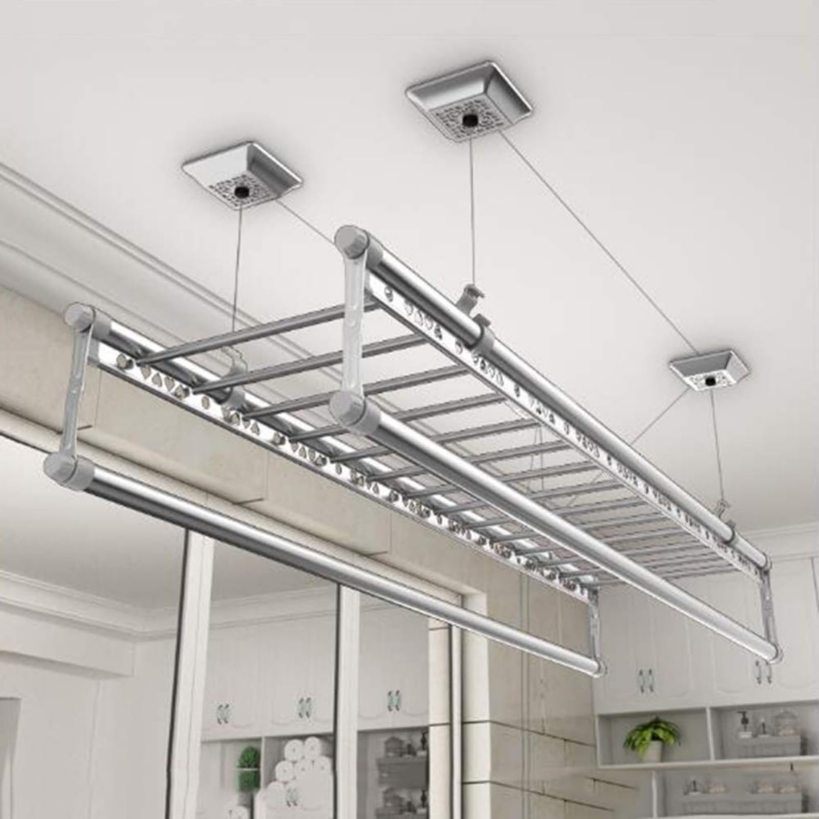 Generico Stendibiancheria da soffitto, Sistema di Asciugatura per balconi con carrucola a 4 Barre, stendibiancheria salvaspazio per Uso Interno/Esterno, Soluzione efficiente per l'asciugatura all'ari