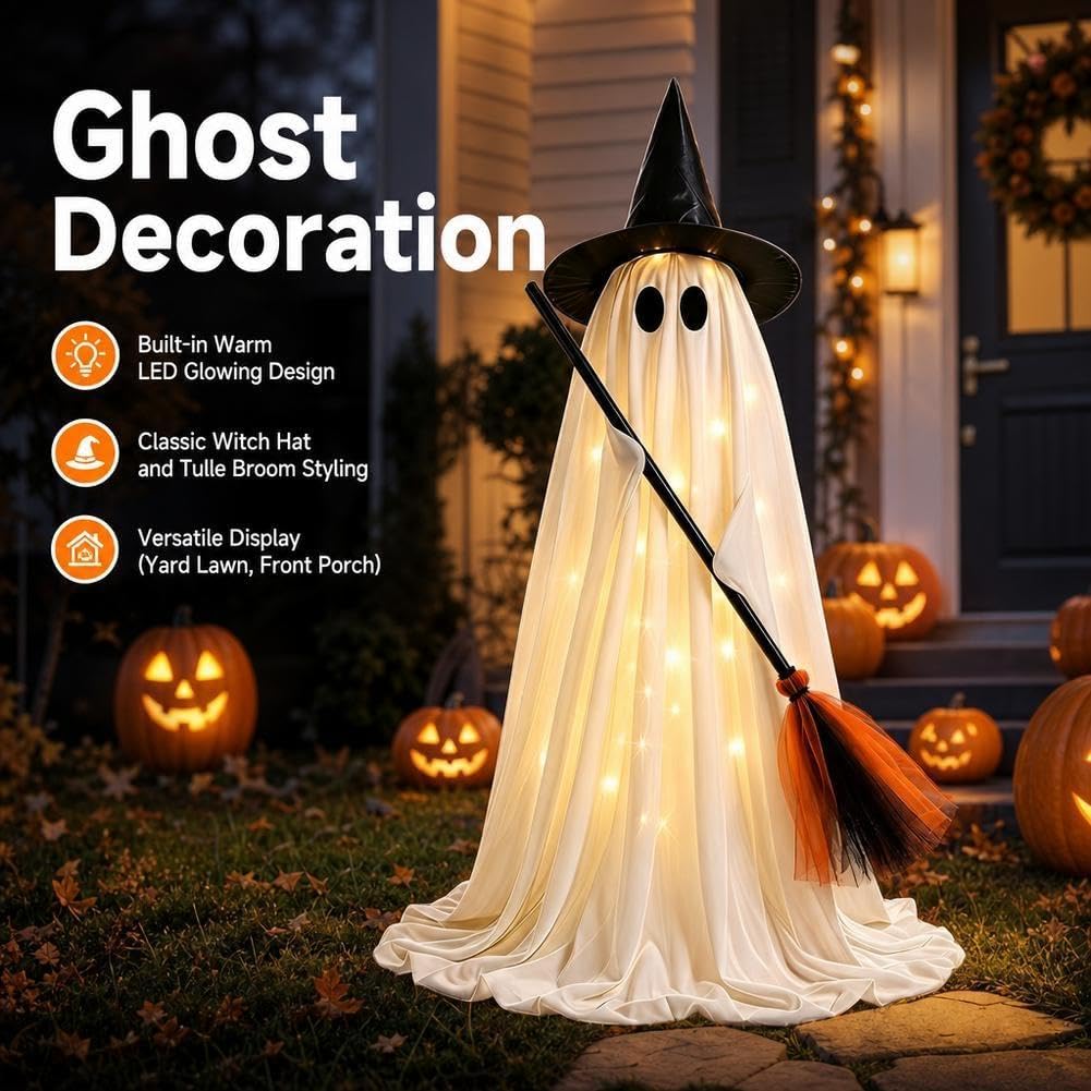Decorazioni di Halloween all'aperto accende il fantasma, cappello da strega del portico 59IN scopa