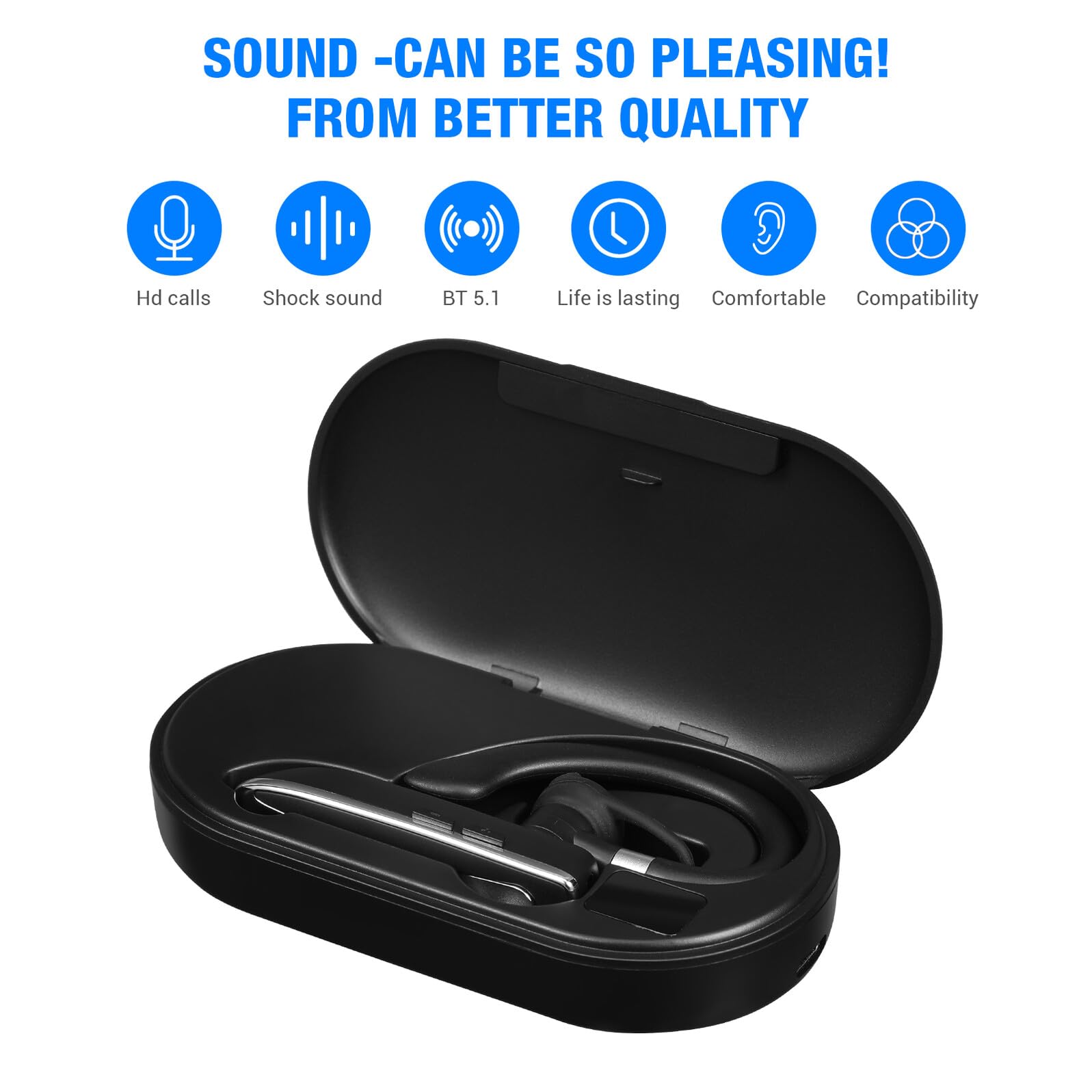 Auricolare Wireless Monoauricolare con Gancio Auricolare, Cuffie Portatili Compatte con Custodia di Ricarica, Tecnologia senza Fili 5.1, Auricolari Sportivi per Chiamate a Mani