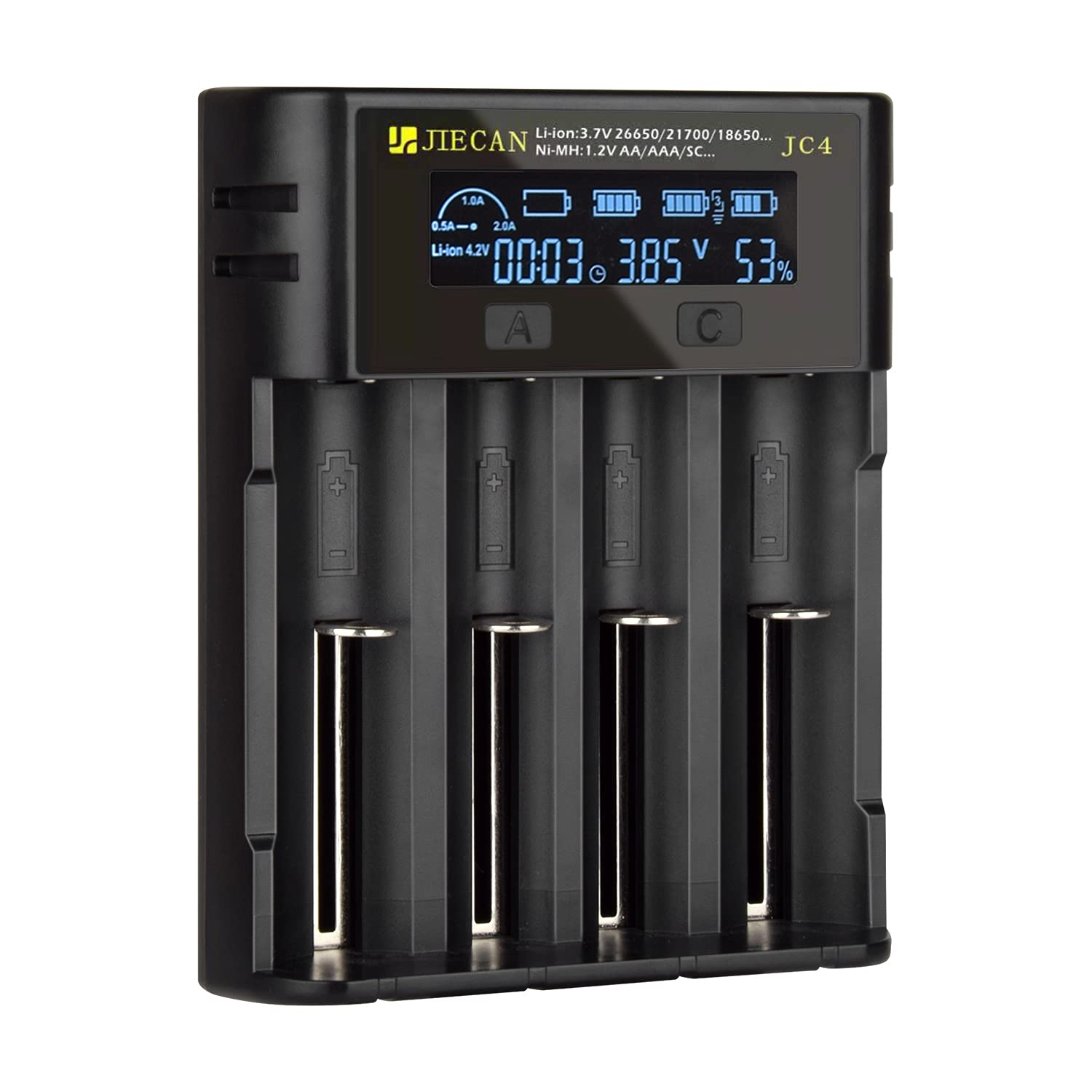 JIECANLCD Universal Battery Charger, 4 Bay AA AAA Battery Charger with USB Port, Independent Slots Design, Smart Fast Charging Battery Charger (JC4)