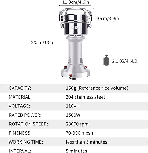 Miniatura 4 de Molinillo eléctrico de grano de 5.29 oz, molino de harina de acero inoxidable 304, molinillo de especias comercial de alta velocidad de 1500 W,