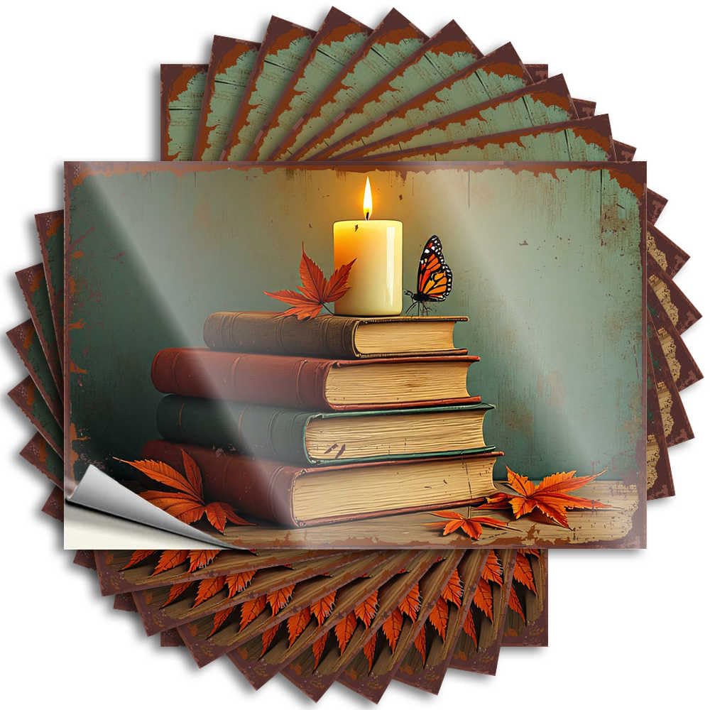 Autumnal Candlelight: A Stack of Books with Falling Leaves Decals Sweet Self Adhesive | Retro Bottle Vinyl Sticker Pack for Math(8X12CM)