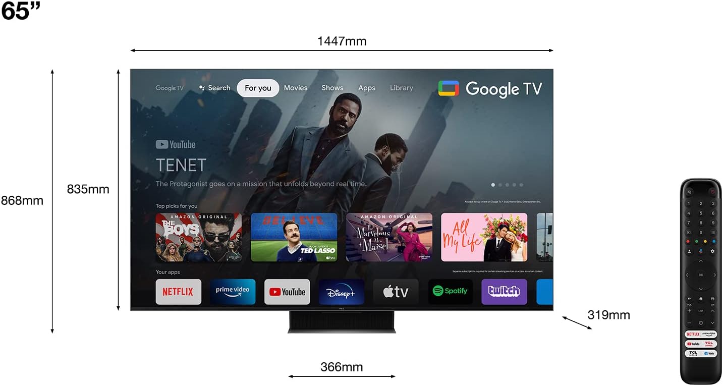 TCL 65C841, TV Mini LED 65”, pannello QLED 144Hz, 4K Ultra HD, Google TV (Dolby Vision Atmos, audio Onkyo 2.1, Controllo vocale hands-free, compatibile con Google Assistant Alexa) TCL 65C841, TV Mini LED 65”, pannello QLED 144Hz, 4K Ultra HD, Google TV (Dolby Vision Atmos, audio Onkyo 2.1, Controllo vocale hands-free, compatibile con Google Assistant Alexa)