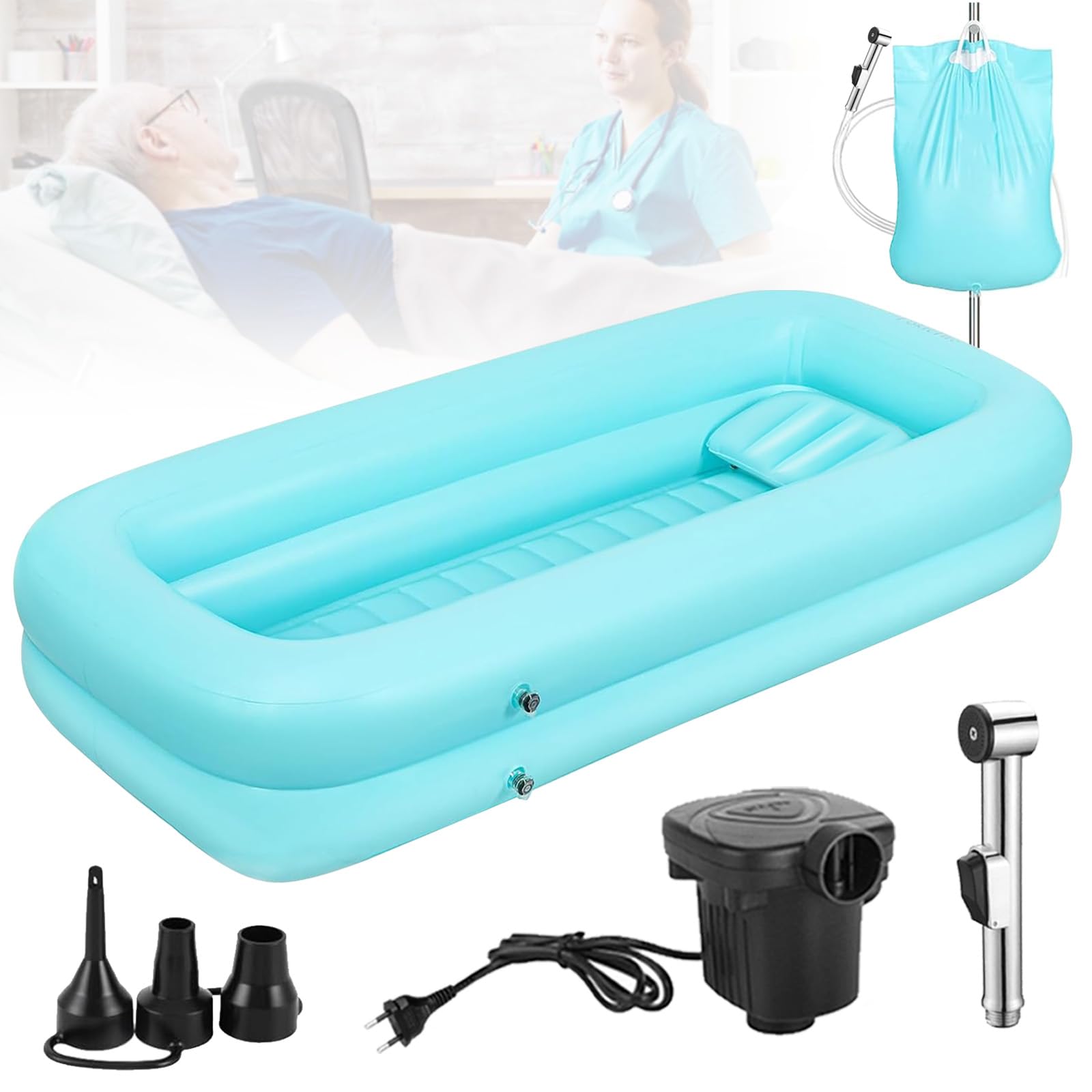 Vasca per Doccia, Vasca da Bagno Gonfiabile, Set Vasca da Bagno Doccia Gonfiabile Medica, Sistema Doccia Portatile sul Comodino, Sistema Doccia con Pompa per Anziani/Disabili/Costretti a Letto