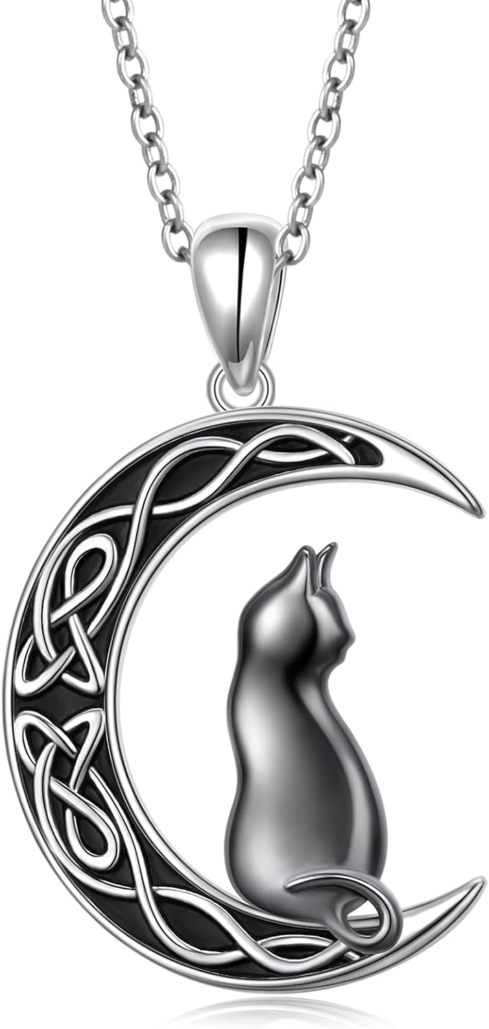 S925 Sterling Silver Celtic Knot Moon Black Cat Pendant Necklace Cute Animal Jewelry for Women Friends Animals Lover