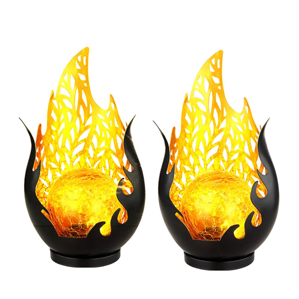 Gartendeko Solarlampen für Außen Outdoor Balkon Deko schwarz gold Flammenoptik Glaskugel, IP44 Akku Metall, 1x LED, LxBxH 16,5x12,5x26,5 cm, 2er Set