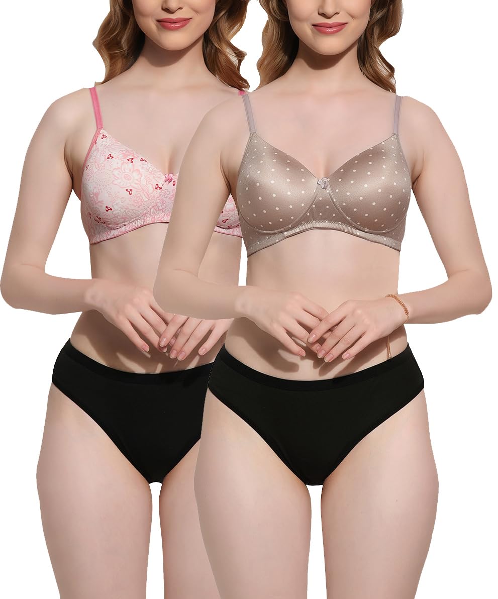 Women Lycra Self-Design Padded Bra Panty Set Seamless Full Coverage Lingerie Set Pack of 2 Multicolor Cup- B-image-14