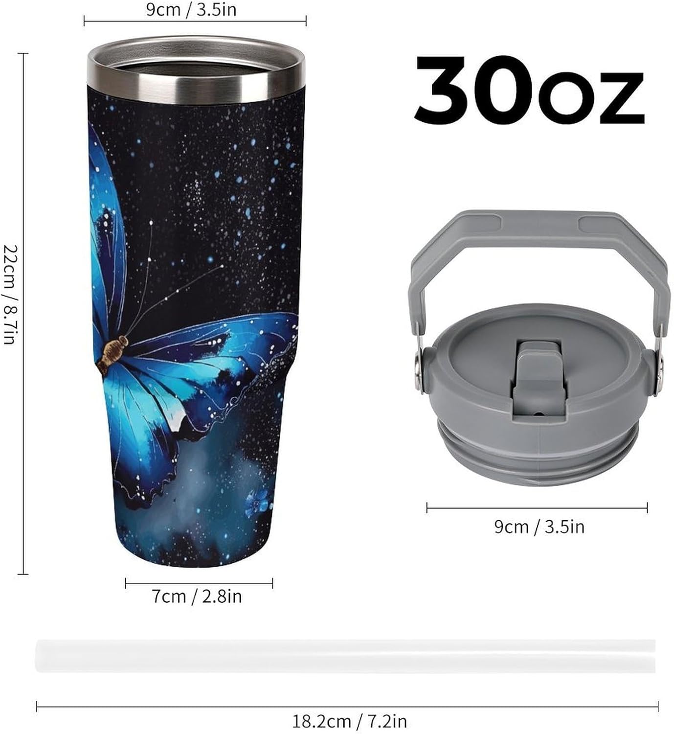 30oz Insulated Tumblers with Top Handle, Stainless Steel Galaxy Blue Butterfly Car Cup with Straw for Gift, Leak-Proof Double Wall Vacuum Travel Mug, Personalized Water Bottles White