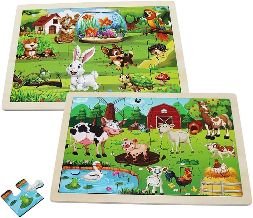 Condition photo showing New/Like New for Set of 4 Packs Wooden Animals 24-PC Jigsaw Puzzles Wood Jigsaw Puzzles for Kids 3+ Years up Preschool Educational Puzzles Boards Toys Gifts