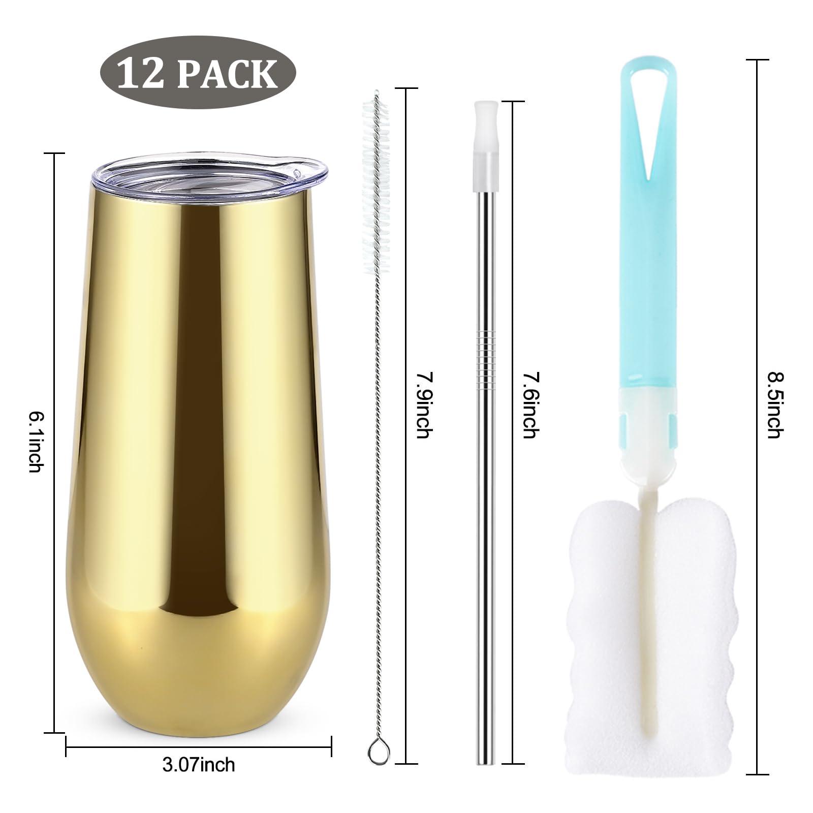 Lifecapido Lot de 12 flûtes à champagne isothermes sans pied en acier inoxydable pour fête d'anniversaire, mariage, Noël, 355 ml, plaqué or