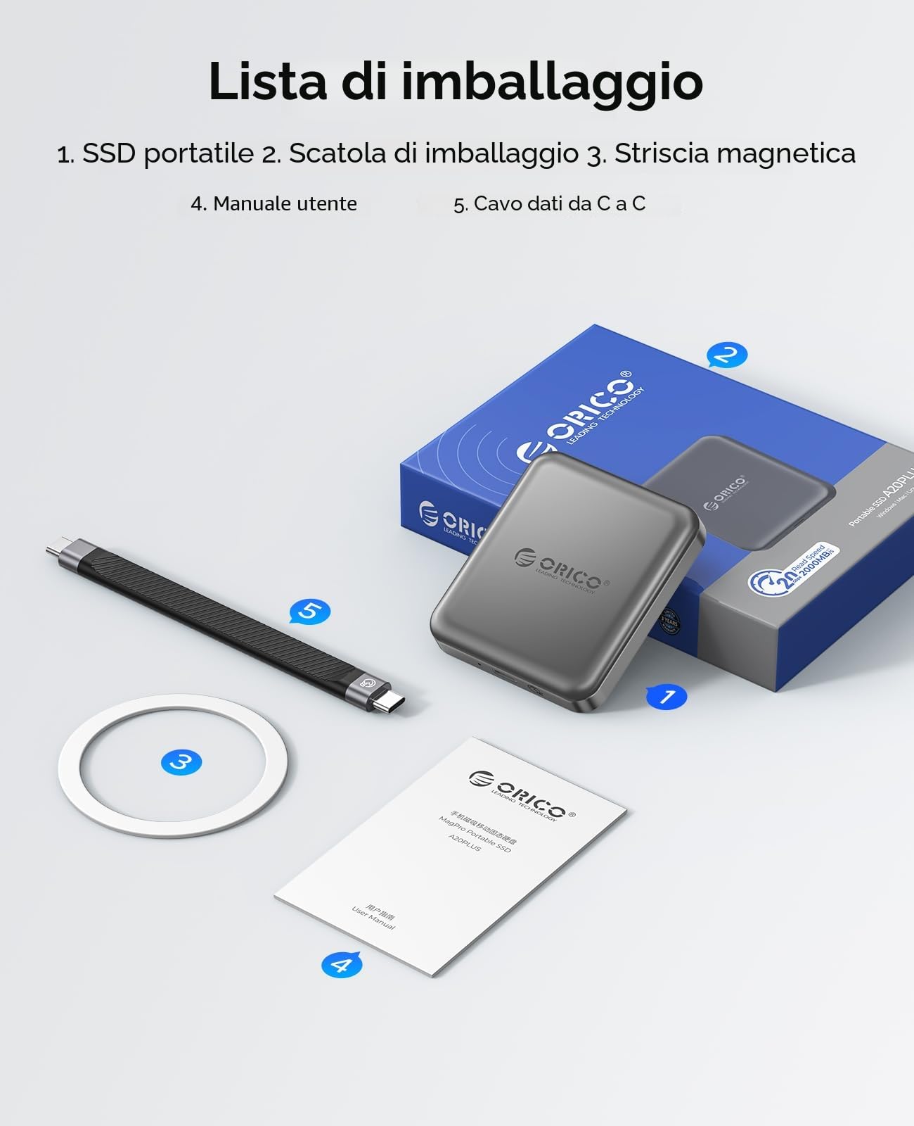 ORICO 512 GB SSD esterno magnetico, 4K ProRes HDR, USB3.1 (1000MB/s), USB3.2 Gen2*2 (2000MB/s), unità a stato solido portatile, compatibile con smartphone USB-C (solo iPhone15/16) - A20PLUS