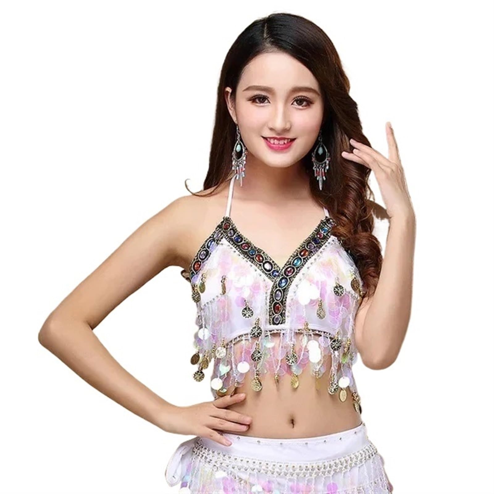 LIUHLFSR Sequin Halter Bra Top Belly Dance Festival Clubbing Tribal Bellydance Sequins Beaded for Dancing Carnival Party(WHITE)