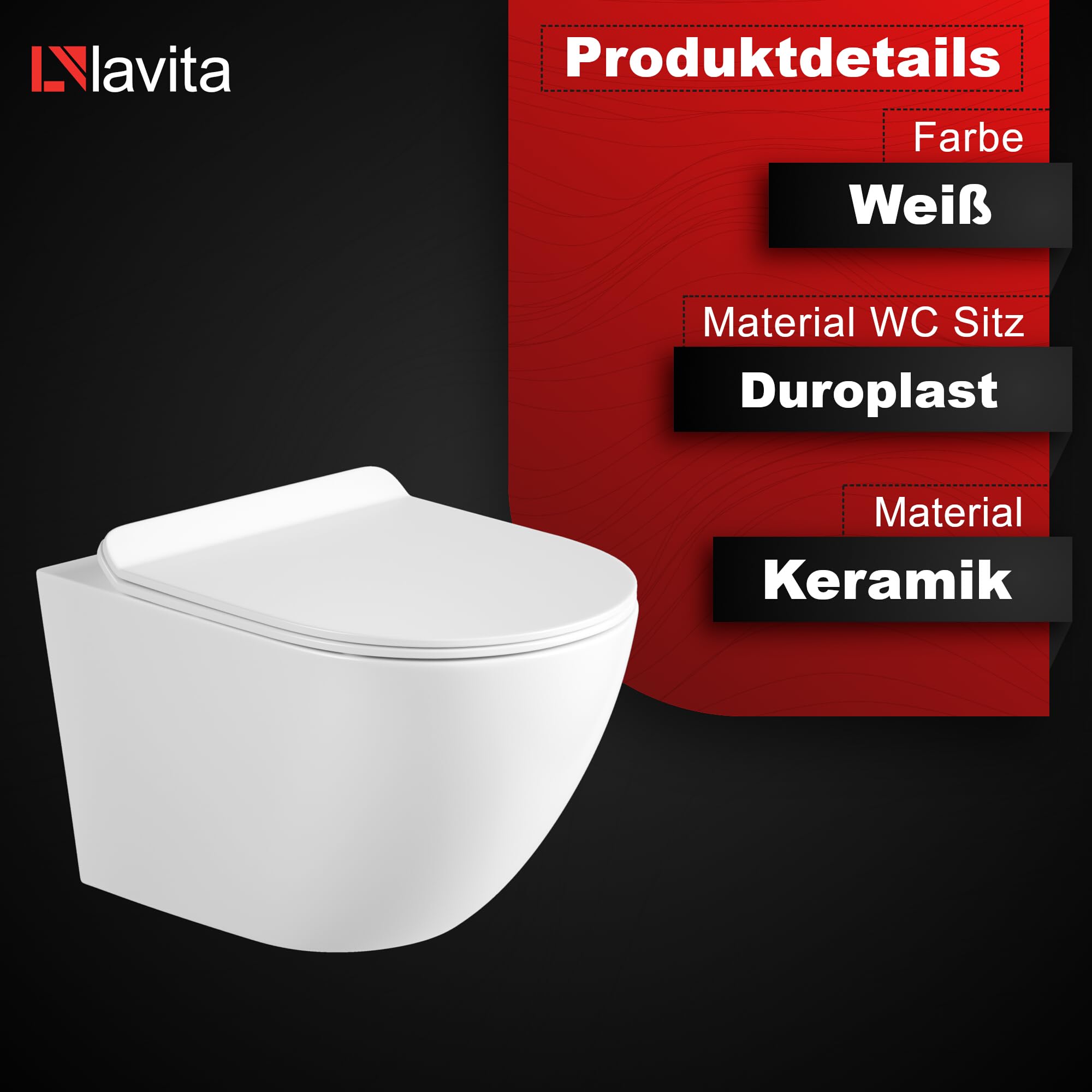LAVITA Wand-WC Viva Hänge Toilette WC Sitz Toilettendeckel mit Absenkautomatik & Metallscharniere Toiletten Spülrandlos Hängend Spülsystem TORNADO 2.0 Toilettenbecken Weißer Glanz