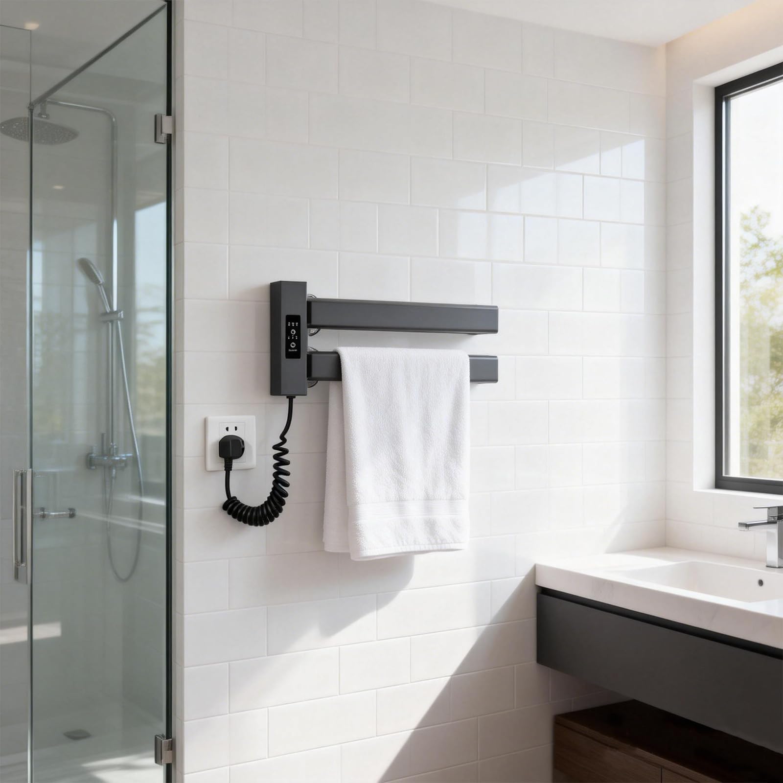 Scaldasalviette Elettrico Bagno 450×180mm Portasciugamani Elettrico Basso Consumo Scaldasalviette Termoarredo Piatto da Parete 50W con 2 Barre Riscaldanti Asciugatrice per Asciugamani