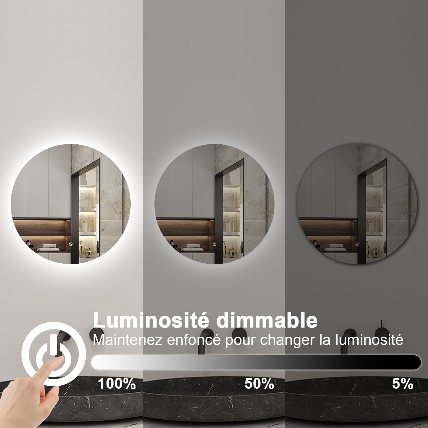AICA Miroir de Salle de Bain Lumineux Rond 70cm avec Dimmable, Miroir LED Mural
