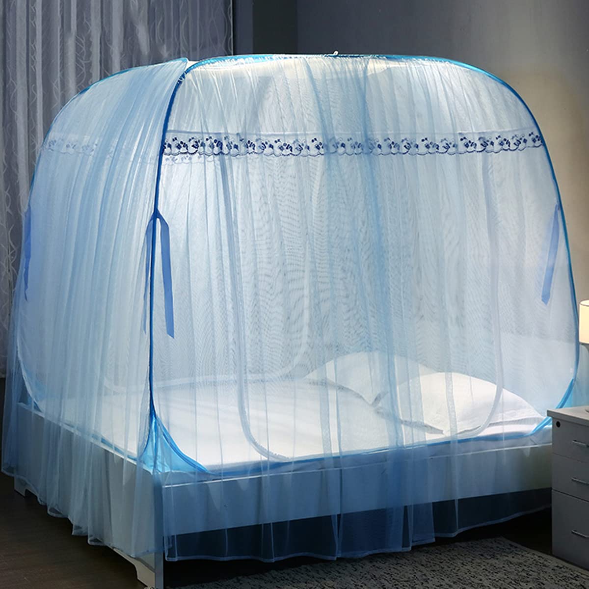 Zanzariera per Letto, baldacchino Pieghevole per Letto, Tenda da Campeggio Anti-zanzare a Doppio Strato con Fondo Facile da installare, Blu, per Letto da 1,5 m