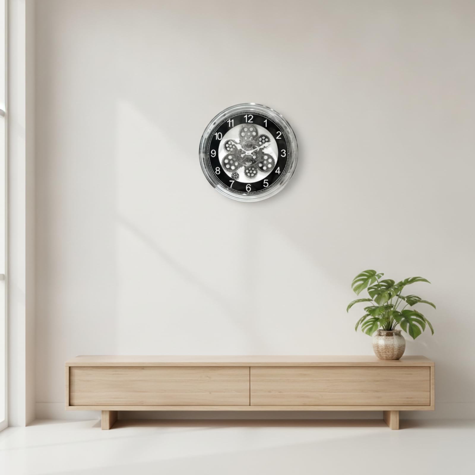 Reloj de Pared Analógico Redondo con, Reloj De Pared con Engranajes Visibles, Números Arábigos, Esfera Negra Y Marco Plateado