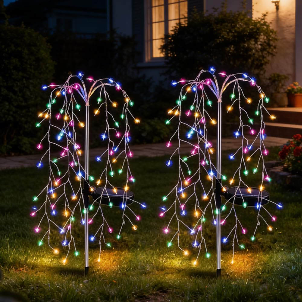 2Pcs Solar Willow Tree Outdoor Lights, 320 LEDs Solar Tree Lights Outdoor Garden, 8 Modes, Waterproof Copper Wire Fairy Starburst Solare Garden Decor Lights for Patio Yard Courtyard (Multicolor)