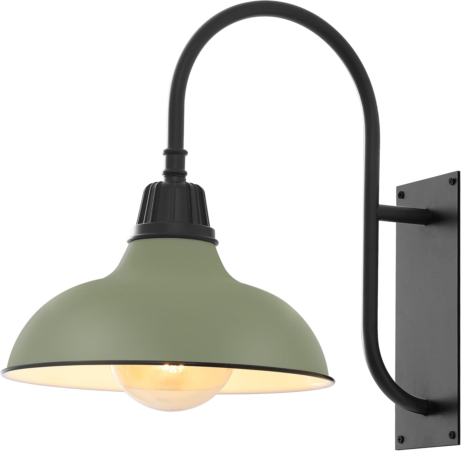 JONATHAN Y 12.25" Matte Olive Green/Black 1-Light Farmhouse Gooseneck Outdoor Wall Sconce Lamp, with Black Metal Bowl Shade, Industrial Iron LED Porch Light for Patio Garage Entryway (JYL7614I)