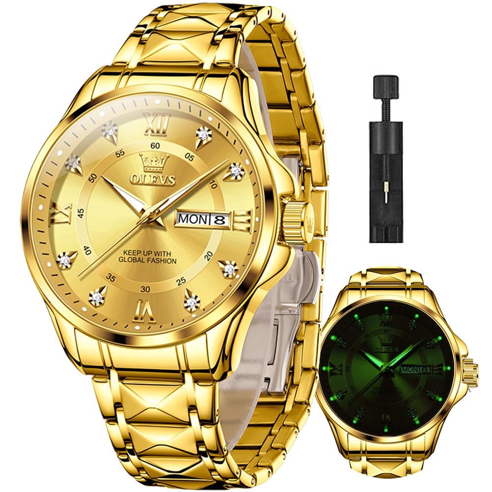 OLEVS Watches for Men Stainless Steel Band Waterproof Dress Mens Watches Analog Quartz Casual Big Face Luxury Men Watch with Day Date Wrist Watches for Men (Black/Gold/Silver/Blue Dial)