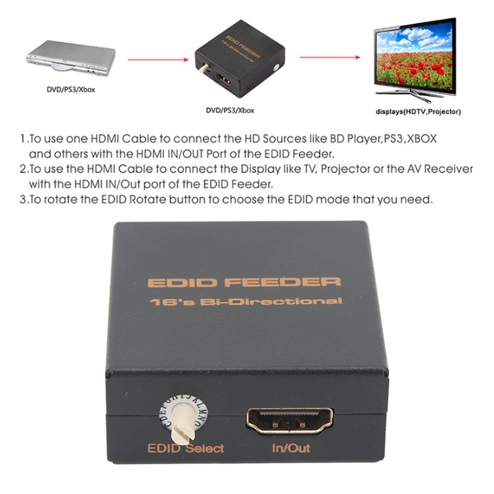 HDMI EDID Emulator Manager, EDID Manager Emulator Admite 4K CEC, 16 Modos EDID, Compatible con Dispositivos de Visualización Backend, hasta 10 M de Distancia