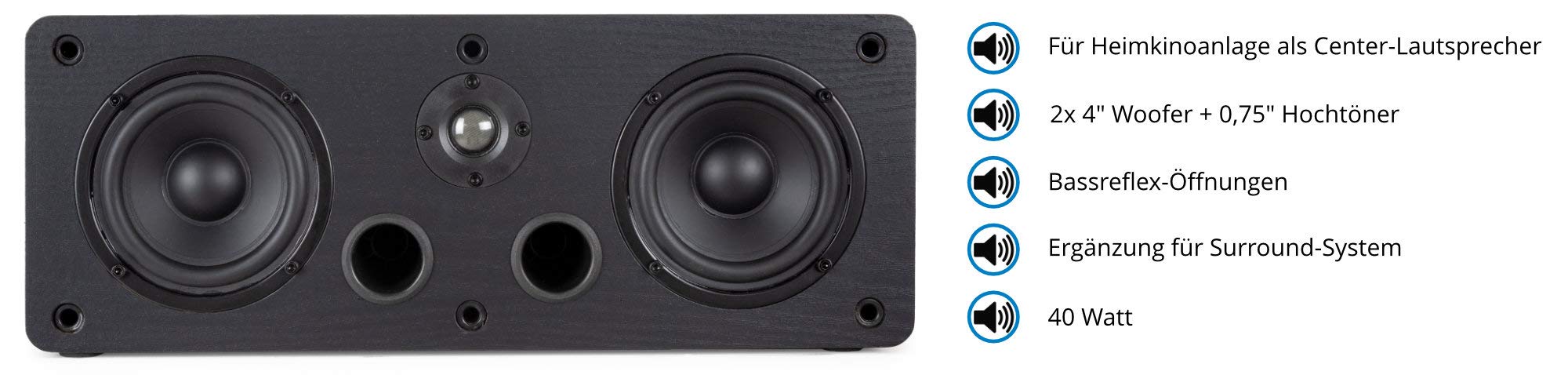 McGrey CS-440 BK Regal Lautsprecher - Multifunktions Satelliten HiFi Box für Surround-System, Musik und Heimkino - 2-Wege Full-Range Center Lautsprecher mit 40W RMS Leistung - Schwarz