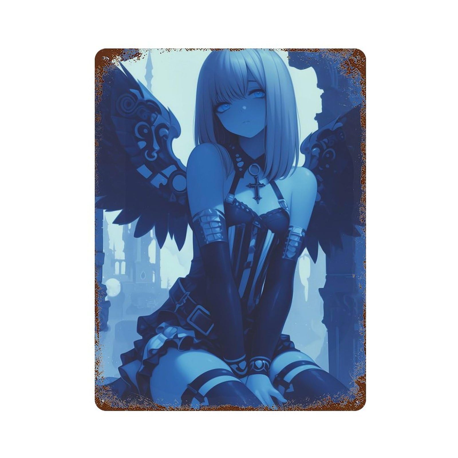 Blue Angel with Wings Anime Girl Rustic Tin Plaque 15.7"x11.8", Industrial Home Decor for Pub, Kitchen And Man Cave Decor