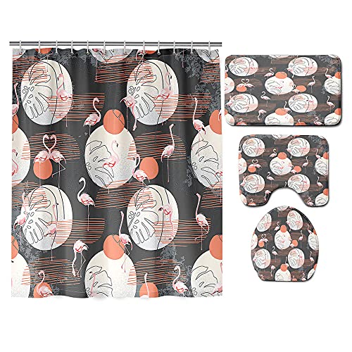 ZDDWLDL 4-Teilig Duschvorhang Set Mit Rutschfesten Teppichen Toilettendeckel Und Badematte Wasserdicht Farbfest Schimmel…