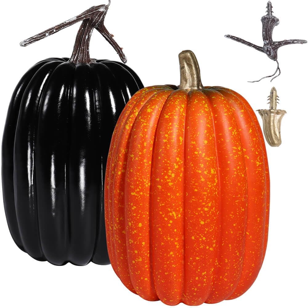 vensovo 8.5 Inch Large Fake Pumpkins for Decorating - 2PCS Big Black & Orange Decorative Foam Pumpkins for Fall Decor, Artificial Plastic Pumpkins Perfect for Halloween Decor Thanksgiving Table Decor Black & Orange 2