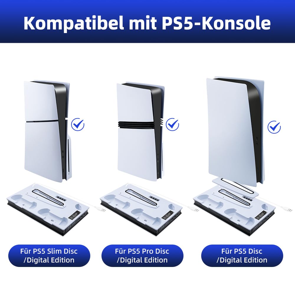 Wigearss PS5/PS5 Slim/PS5 Pro Kühler Standfuß mit Dual Controller Ladegerät, PS5 Controller Ladestation Standfuß mit Lüfter