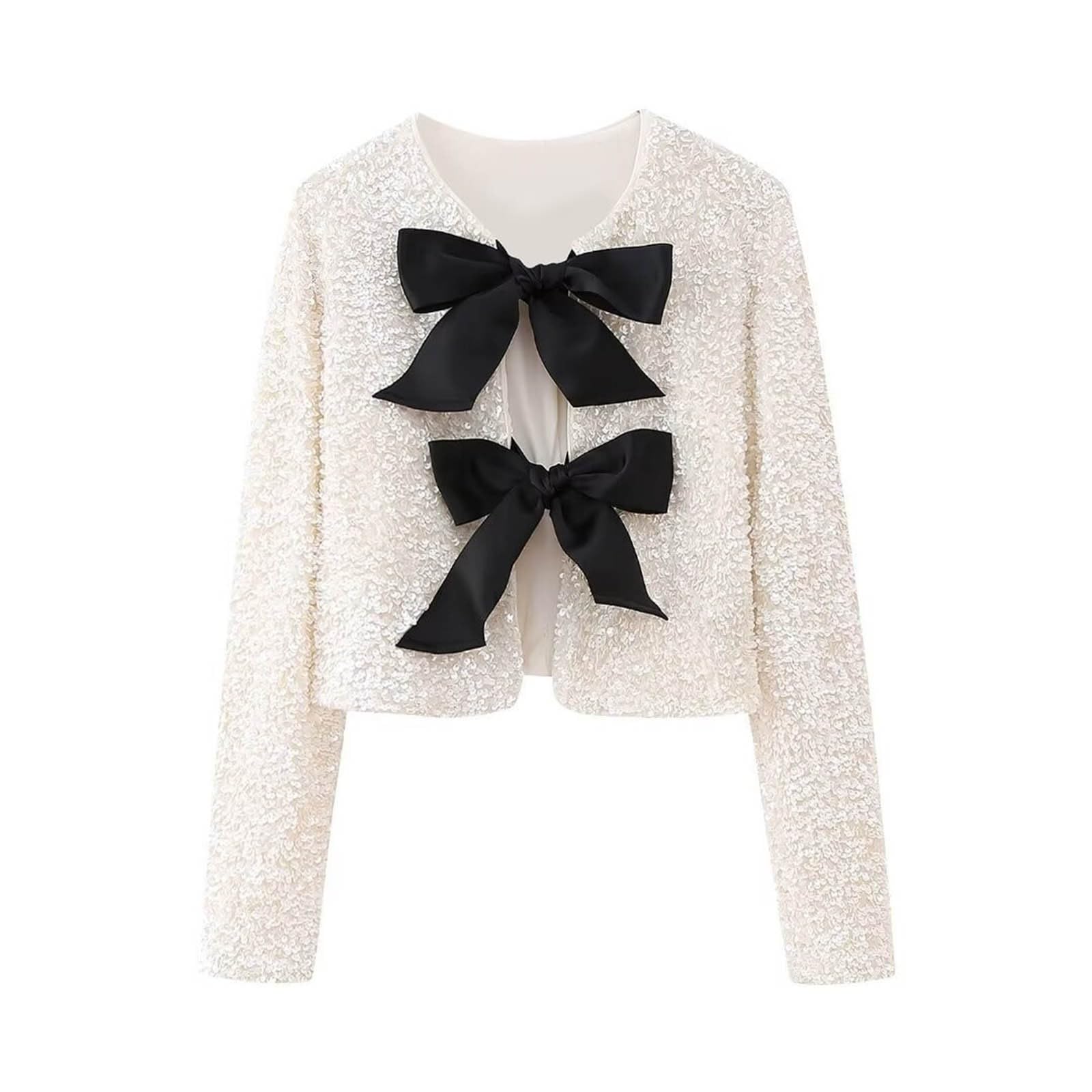 Womens Casual Sequin Jackets Bow Coats Reversible Long Sleeve Loose Sexy Sequined Short Cardigan Party Y2k Cropped Tops
