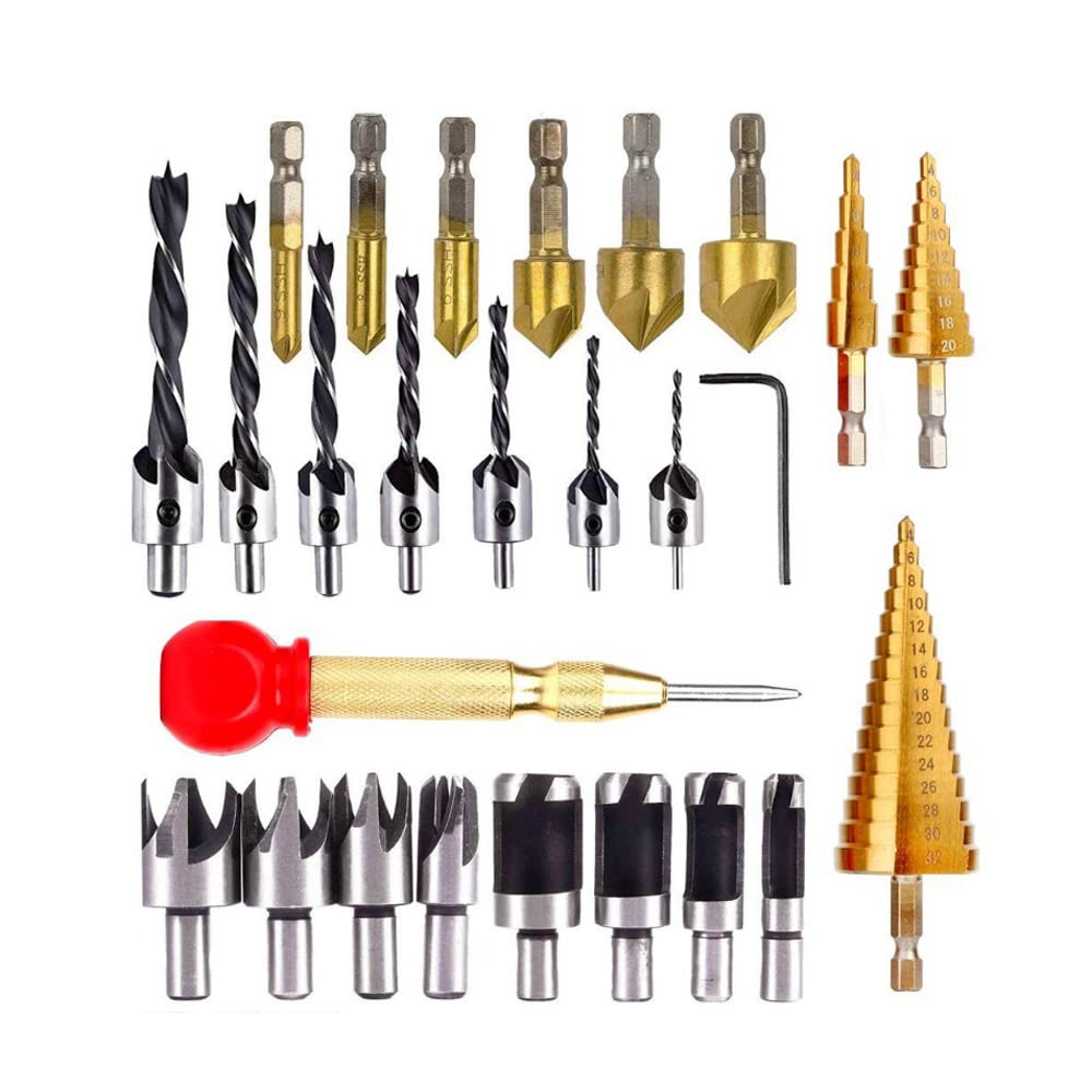 BSEWO Drill Bits,26pcs Woodworking Chamfer Drilling Tool Countersink Drill Bits Set Wood Plug Cutter Center Punch Step Drill Kit with Wrench for